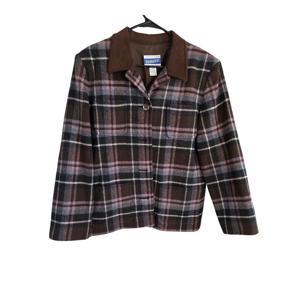 Vintage Pendleton Plaid 100% Virgin Wool Suede Collar Jacket Made in USA 10